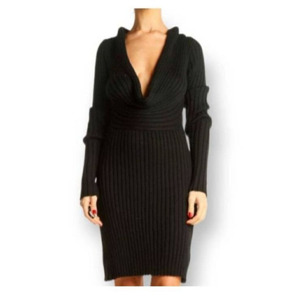 RENEE C. BY SO COOL PLUNGE BLACK KNIT SHIFT DRESS SZ.L EUC.